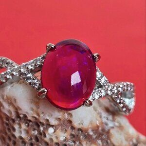 Natural Red Opal & CZ 925 Sterling Silver Ring